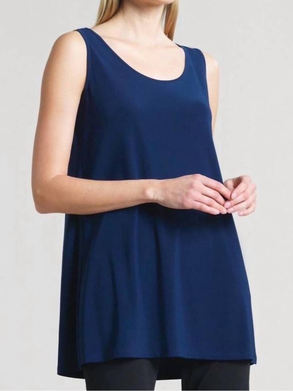 Clara Sunwoo Extra Long Sleeveless Relaxed Crepe Navy Blue Tunic Tank Top EUC S